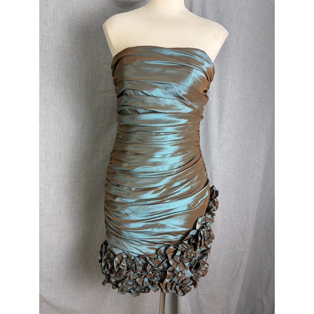 Dalia‎ MacPhee Metallic Irridescent Ruched Strapless Dress 6 Sculpted Ruffle Hem